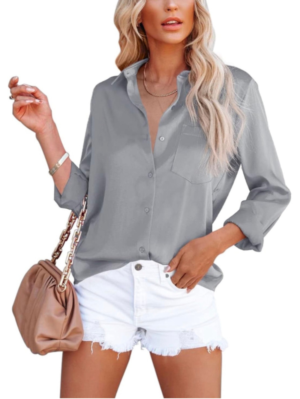 NEW Button Down Shirt Satin Long Sleeve Career Pocket S
